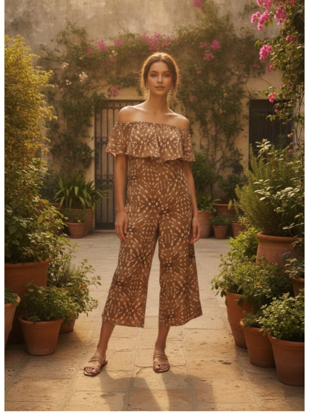 Bucketlist Off-the-Shoulder Ruffled Jumpsuit Tan/White Size S